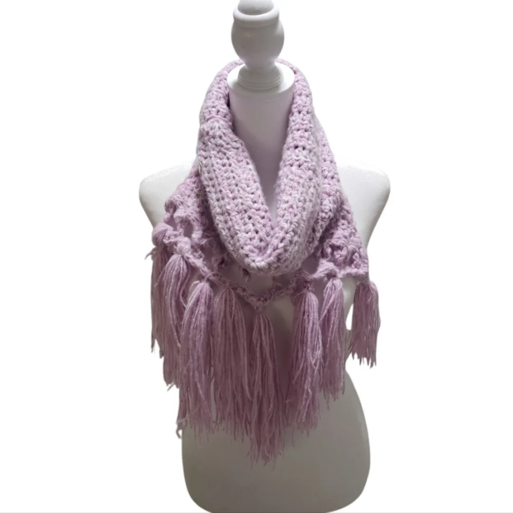 Hand Crafted Crochet 2-piece Set Fringe Scarf & Winter beanie Purple chunky knit